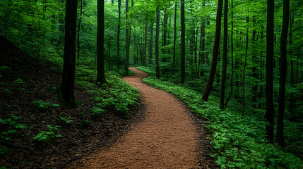 Serene walking path winds through a vibrant green forest lined with lush foliage and tall trees creating a tranquil woo