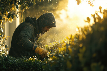 Fototapeta premium Man trimming bush with chainsaw. Green leaves scatter. Safety gear worn. Blue sky background. Professional landscaping job in progress.