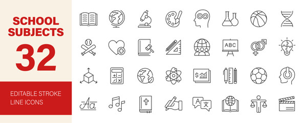 School Subjects icon set. Containing study subjects, math, science, language, chemistry, geography, philosophy, history, art, physical and more. Editable line icons. Vector illustration.