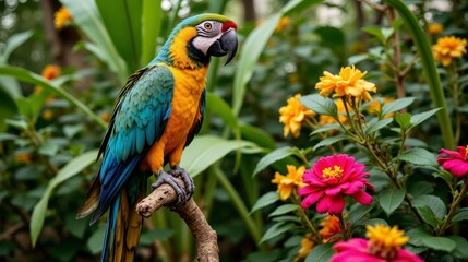Obraz premium The vibrant hues of the macaw's feathers contrast beautifully against the emerald green backdrop of towering palms and vibrant blooming flowers in the background