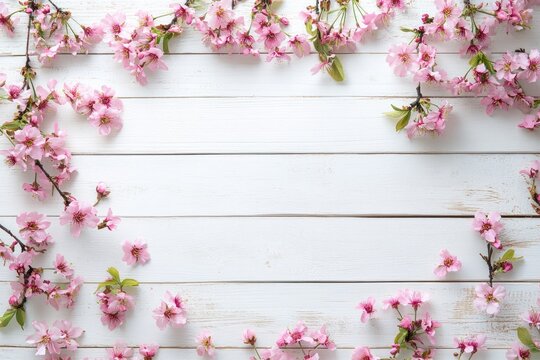 Pink flowers frame a white wooden surface creating a delicate spring background. - Powered by Adobe