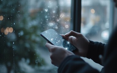 Person using smartphone with app icons overlayed, cafe window view, snowy day