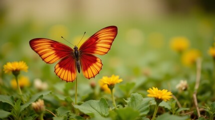 Fototapeta premium The colorful butterfly gracefully fluttered through the meadow, its delicate wings painted with vibrant hues of red, orange, and yellow