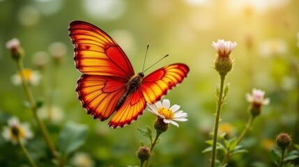 Obraz premium The colorful butterfly gracefully fluttered through the meadow, its delicate wings painted with vibrant hues of red, orange, and yellow