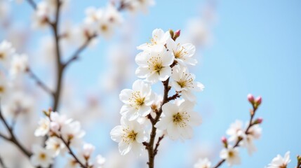 A close up photo captures the delicate white petals of a flowering cherry tree against a clear blue sky, showcasing the tree's natural beauty and elegance in full bloom.