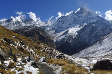 Trekking to Annapurna Base Camp, Nepal - Scenic Snow Mountains and Adventure Landscape 
