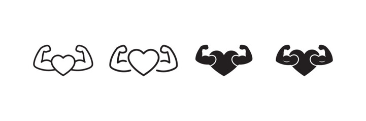 Strong Heart with Flexing Arms Icon Set in Outline and Solid Vector Style