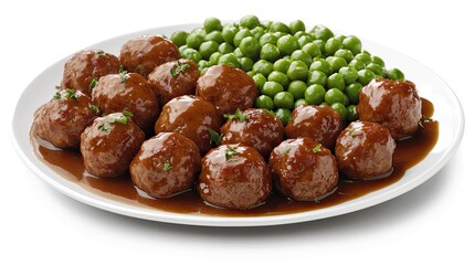 Plate of Kjttkaker, Norwegian meatballs with brown sauce and peas, isolated on clean white background.