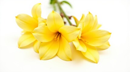 Obraz premium A close up photograph showcasing delicate fresh mango flowers in full bloom, their vibrant yellow petals contrasting beautifully against an isolated white background.