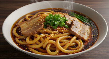 Delectable Bowl Of Pork Udon Noodles Served Hot In Rich Broth