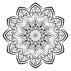 Mandala Design, black and white mandala illustration featuring intricate floral patterns and geometric shapes