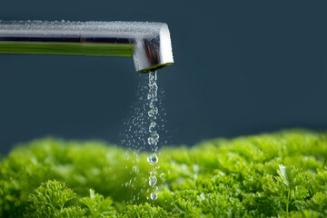 Water dripping from a metal faucet onto fresh green parsley leaves with dark background. Copy space