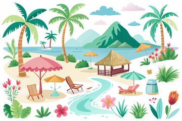 Tropical Watercolor Island Paradise with Beach Scenes, Palm Trees, and Relaxing Coastal Vignettes.