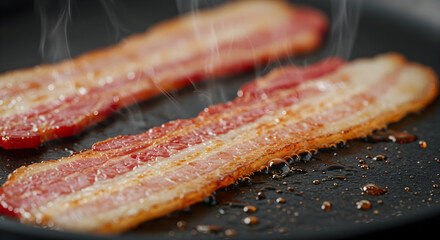 Sizzling Bacon Strips In A Frying Pan With Rising Vapor Clouds