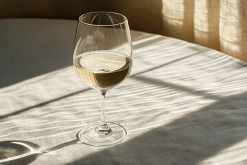 Glass of wine on table with flickering candlelight, casting warm glow on the surroundings, creating a cozy and intimate ambiance.