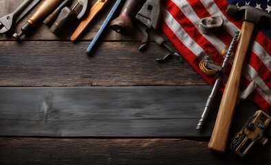 Happy Labor day concept. American flag with different construction tools on dark wooden background, with copy space for text.