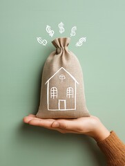 A hand holding a fabric bag with a house illustration and dollar signs, symbolizing real estate investment and financial growth in the housing market.