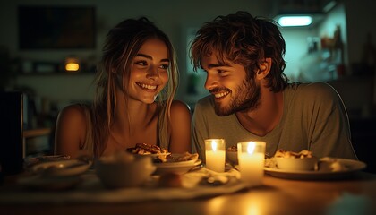 Smiling Young Couple Enjoying Romantic Candlelit Dinner at Home