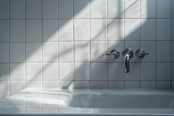 White sink with a shiny silver faucet, clean and uncluttered.