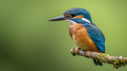 Kingfisher Perched on a Branch: An exquisite kingfisher, radiant in hues of azure and russet, finds its repose on a moss-covered branch, set against the serene backdrop of nature's greens.