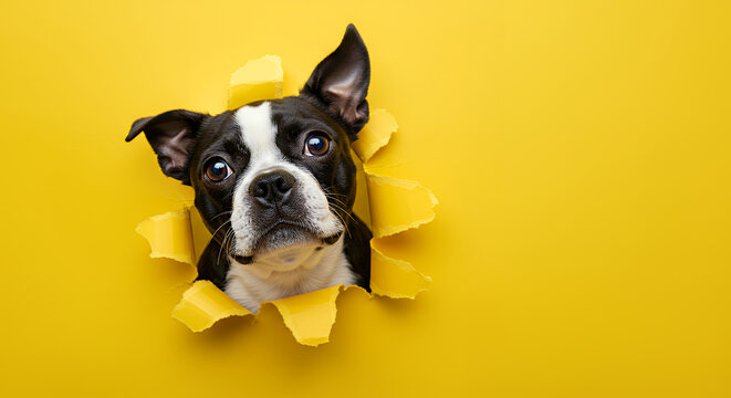Adorable Boston Terrier Puppy Peeking Through Torn Yellow Paper Background