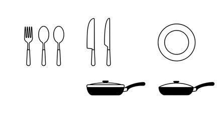 Culinary Essentials: A meticulously drawn collection of essential kitchen utensils and tableware, showcasing the fundamental tools for preparing and enjoying food.