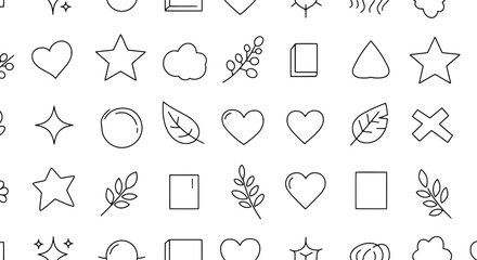 Geometric Icon Array: A collection of minimalistic icons, each meticulously outlined, arranged in a symmetrical pattern on display. Explore the simplicity of design.