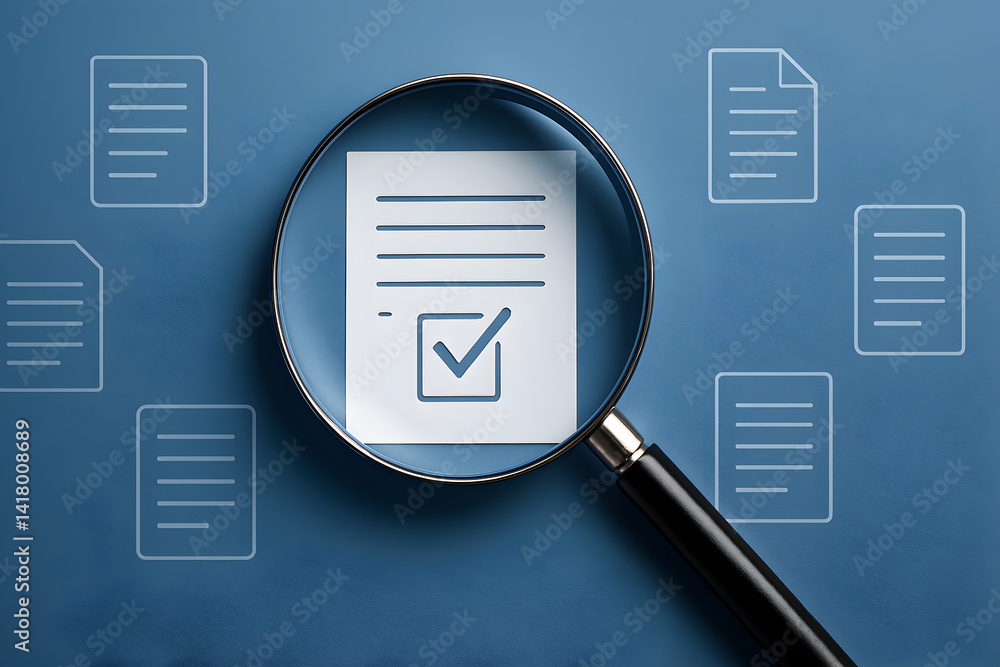 Poster document verification checklist audit compliance magnifying glass search and review process concept