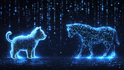 A stock market background with blue digital charts and two animal figures, one representing the bear symbol of a kitten or puppy