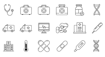 Medical Icons: A detailed set of line art icons representing a range of medical equipment, tools, and symbols, including stethoscopes, first aid kits, and DNA strands.