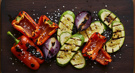 Grilled Vegetables With Sea Salt On Wooden Cutting Board Top View