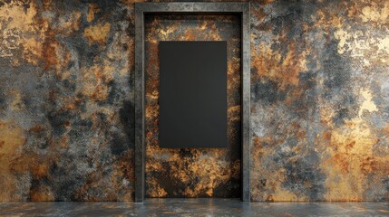 Rustic, metallic interior with a dark door.