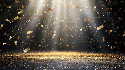 Spectacular Golden Confetti Shower on a Stage Bathed in Radiant Light
