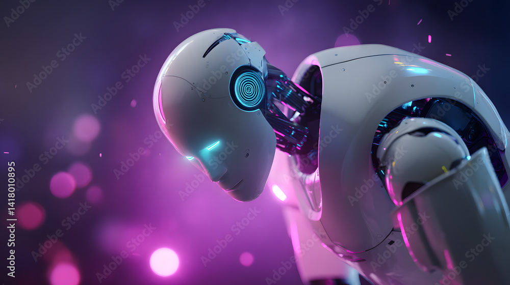 Poster digital dreams: a photorealistic humanoid robot, illuminated with futuristic neon light, reflecting 