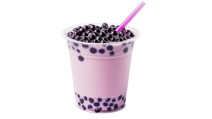 A close up view of a taro bubble tea in a clear plastic cup with a pink straw on black background, 