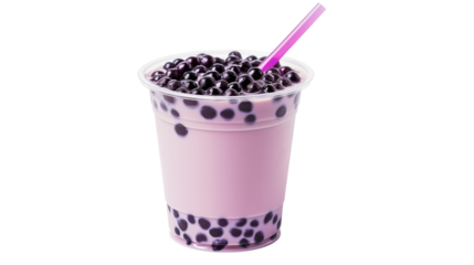 A close up view of a taro bubble tea in a clear plastic cup with a pink straw on black background, 