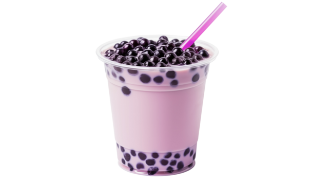 A close up view of a taro bubble tea in a clear plastic cup with a pink straw on black background,  - Powered by Adobe