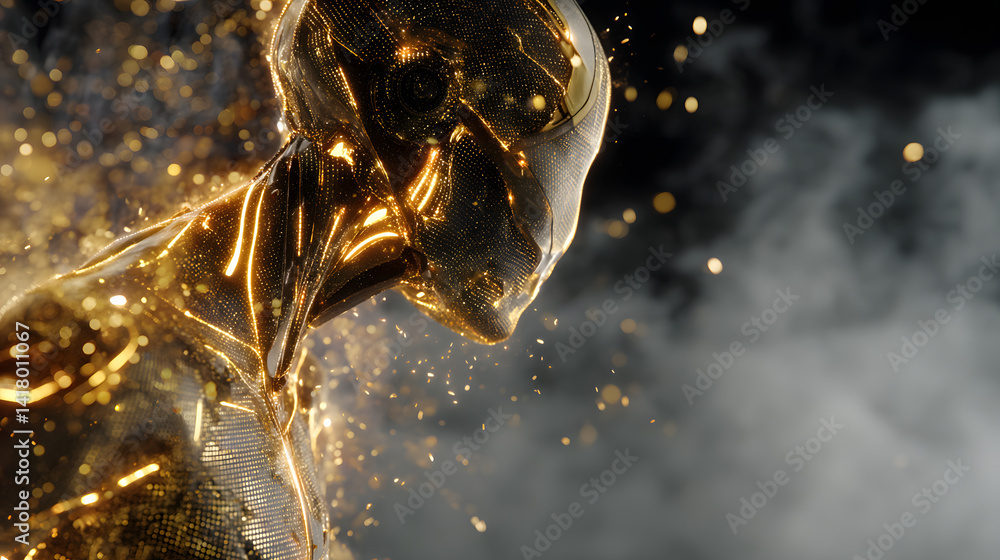 Poster golden entity: a captivating shot of a glowing golden entity, its form intricately detailed and eman
