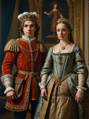 Renaissance-style portrait of a king and his queen, Generative AI	
