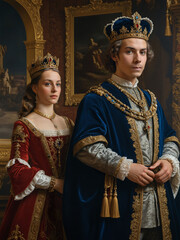 Renaissance-style portrait of a king and his queen, Generative AI	

