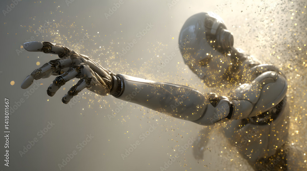 Poster emergence: futuristic representation of a humanoid robot in a cloud of particles, suggesting the con