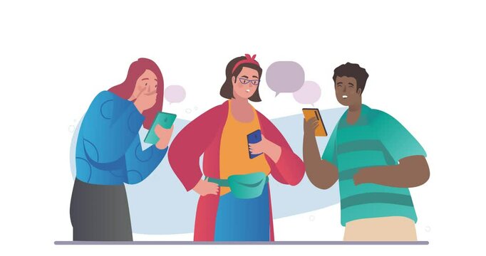 Happy people using smartphones. Moving banner with men and women receiving notifications about new messages on their phones. Communication and chatting on Internet. Cartoon flat animated graphics