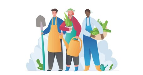 People enjoy gardening. Moving banner with men and women gardeners and farmers with watering can and shovel planting trees and flowers. Agricultural hobby. Cartoon flat animated graphics