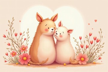 Cute bunny couple embracing in a floral heart background for Mother's Day  