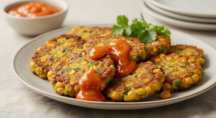 Fototapeta premium Golden Corn Fritters Served with Tangy Red Sauce Close Up View