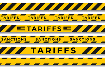 Collection of yellow-black caution tapes with texts TARIFFS, SANCTIONS, and US flag elements isolated on white background. For visualizing international economic issues, trade or political pressure