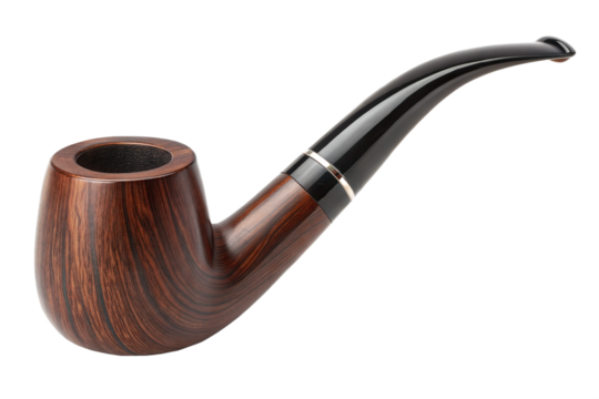 Wooden smoking pipe with polished black stem isolated on transparent background