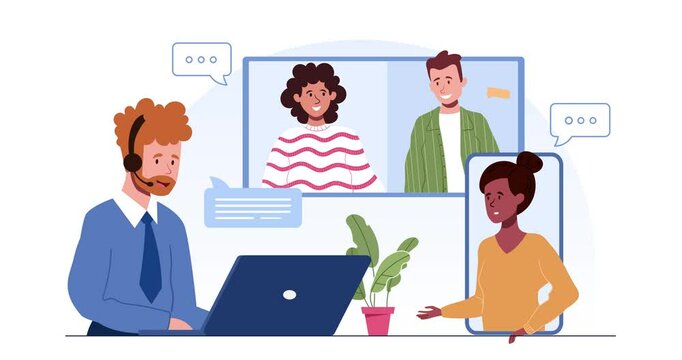People on video conference. Moving banner with office employees or colleagues at virtual work meeting. Online communication with partners. Working on project from home. Cartoon flat animated graphics
