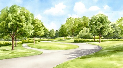 Tranquil park path A watercolor scene of curving paths lush greenery and scattered clouds