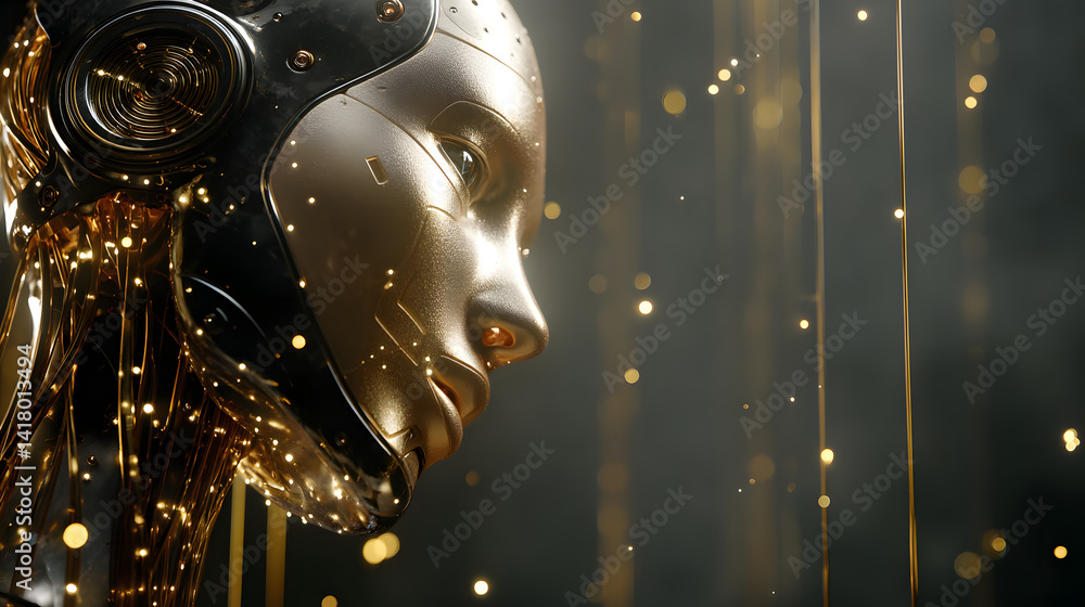 Poster golden serenity: the poised side profile of a polished golden android with intricate details and an 